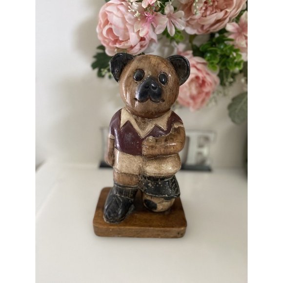 Vintage Wooden Bear Statue Large 10" Soccer Teddy Bear Kids Room Decor Figurine - Picture 5 of 16